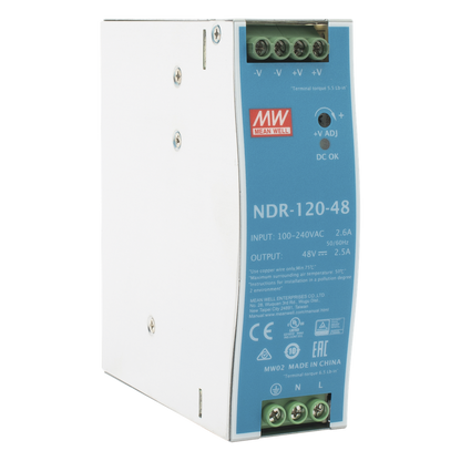 Fuente de poder industrial de 120 W, salida 48 Vcc, entrada 90~264 VCA, para montaje en riel DIN,