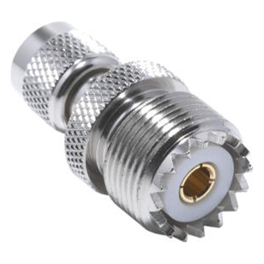 Adaptador en Línea de Conector Mini UHF Macho a UHF Hembra (SO-239), Níquel/ Oro/ Teflón