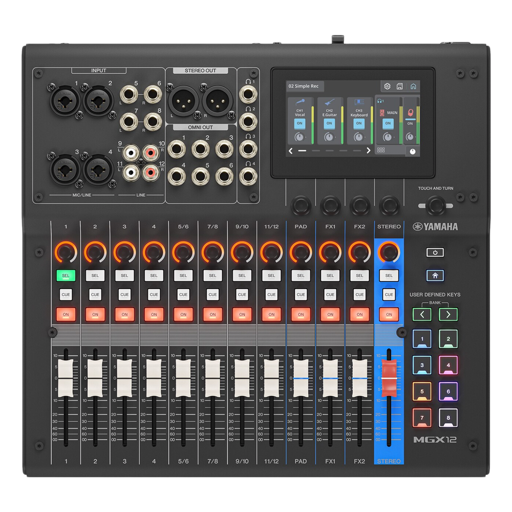 Consola Digital de Audio | 12 Canales | Pantalla Táctil 4.3in | Entradas de Mic/Line y Estéreo | Salidas Análogas y USB | Pads configurables | DSP |