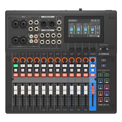 Consola Digital de Audio | 12 Canales | Pantalla Táctil 4.3in | Entradas de Mic/Line y Estéreo | Salidas Análogas y USB | Pads configurables | DSP |