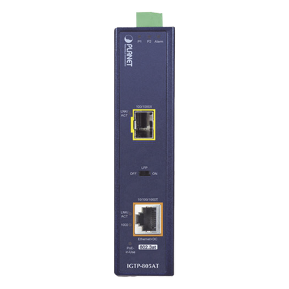 Convertidor de Medios PoE Industrial, Puerto SFP 1000BASE-SX/LX a Puerto RJ45 Gigabit con Salida PoE 802.3at (Hasta 30 W).