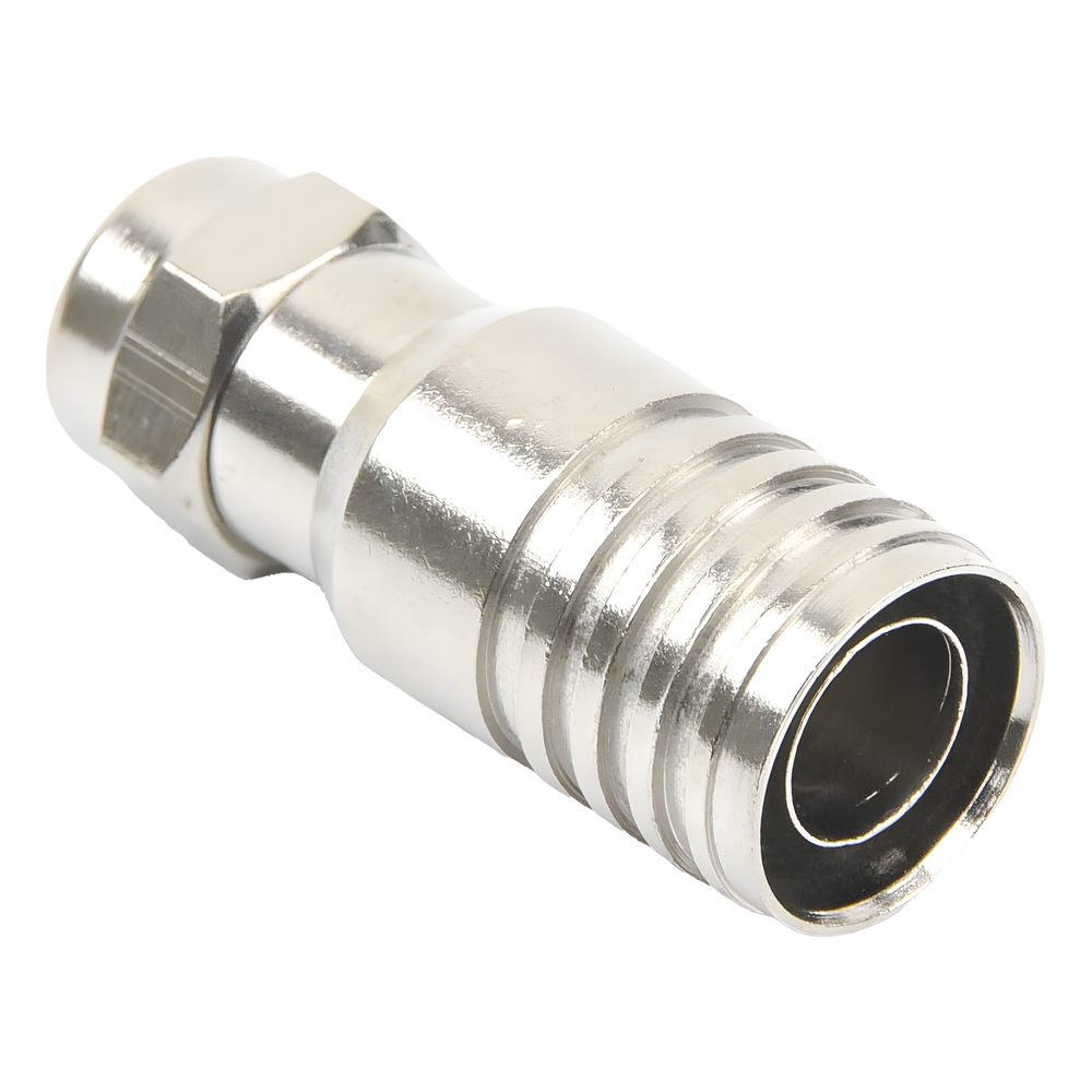 Conector F Macho en 75 Ohm, Plegable para Instalar en Cables Coaxiales RG-11, Cuerpo de Bronce-Niquelado/ Teflón