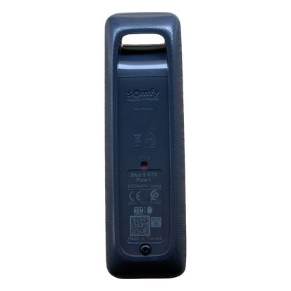 Control remoto 5 canales para motores de persiana Somfy con señal inalámbrica, instrucciones: sube, baja y detener, con posición favorita programada.