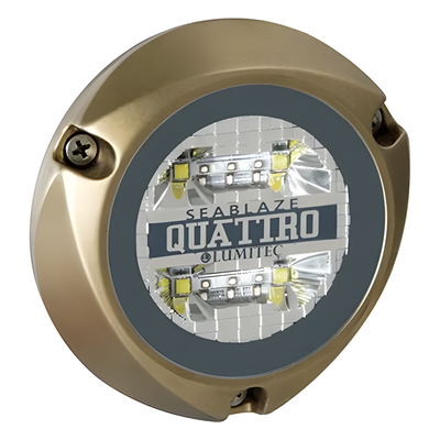 Luz led marina sumergible SeaBlaze Quattro, emite luz de color blanco y azul de 2000 lúmenes, fabricada en bronce naval con grado de protección IP68