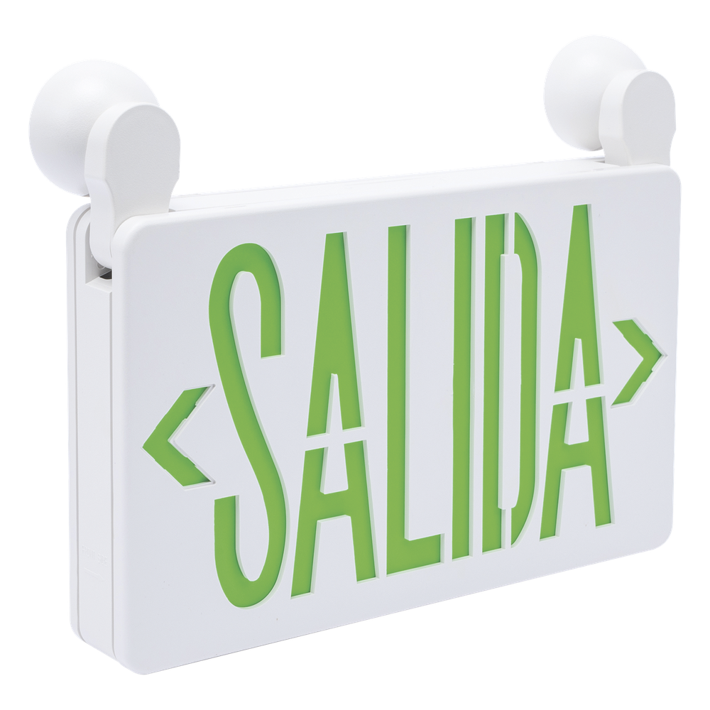 Letrero de Emergencia LED DUAL / Luz de Salida y Emergencia Integrada / Montaje Universal Pared-Lateral-Techo / Doble Voltaje 120-277 VAC / Batería