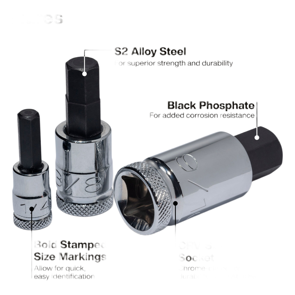 Juego de Dados Moleteados / SAE-Métrico-Hex-Torx® / 32 Piezas / Acabado Moleteado para Mejor Agarre / Marcado en Relieve / Incluye Llaves Cuadradas