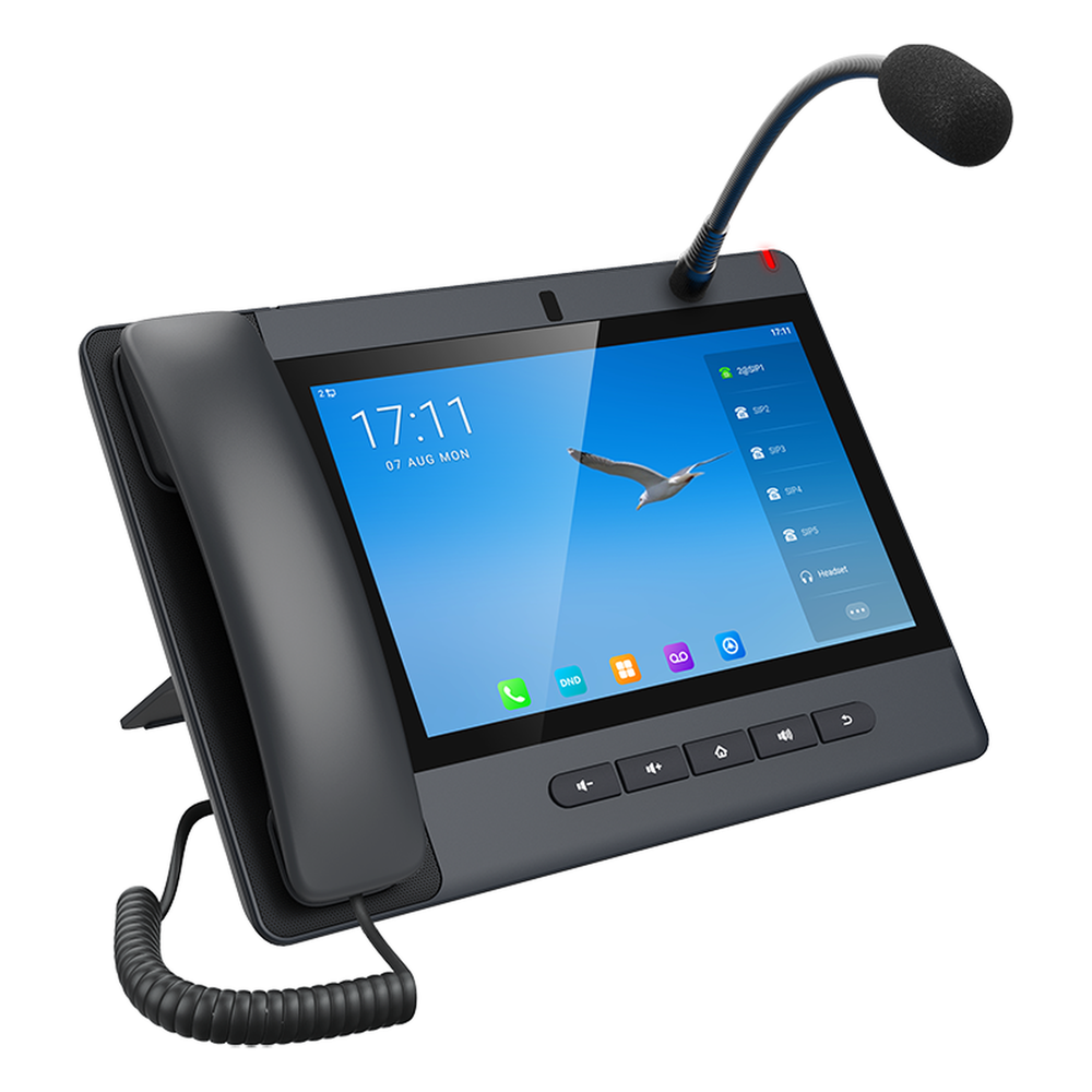 Teléfono IP Android 9.0 Empresarial para voceo 20 líneas SIP, pantalla táctil, Wi-Fi y Bluetooth, PoE, Voceo/ Musica por Multicast, puertos Gigabit