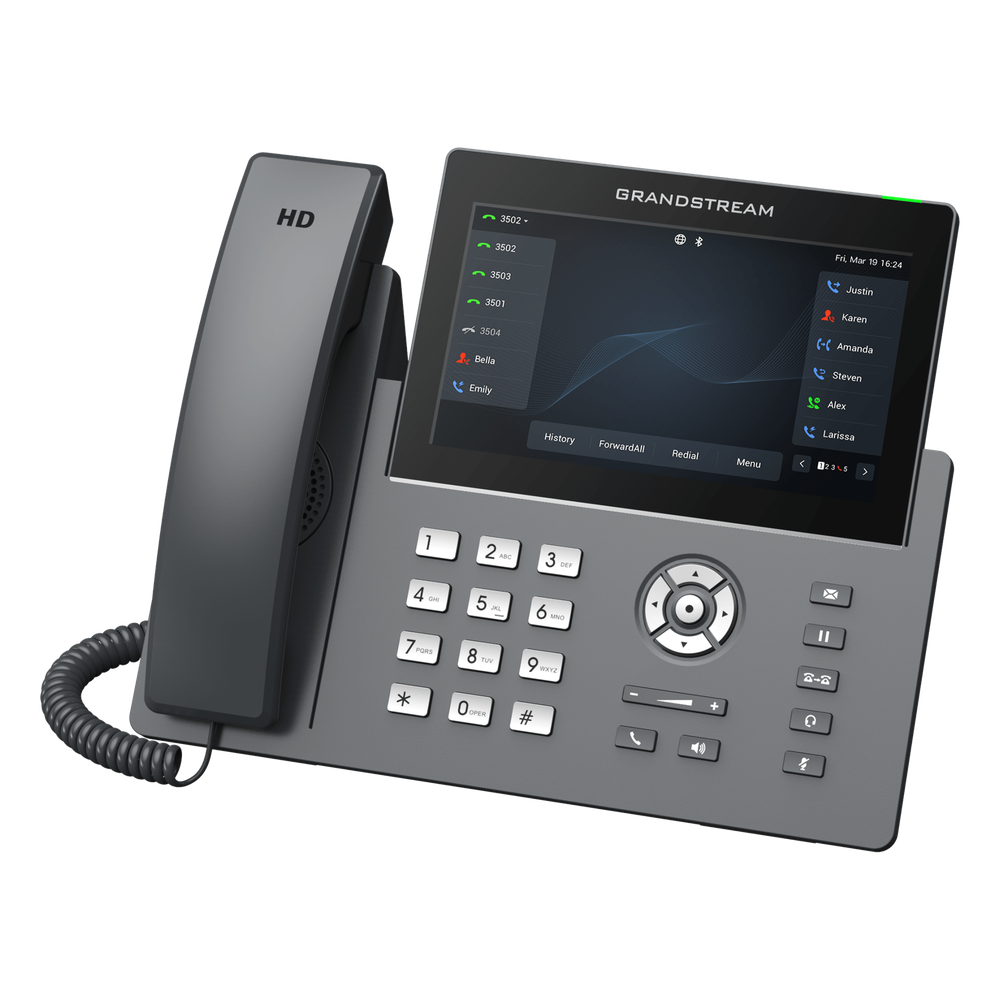 Teléfono IP Wi-Fi, Grado Operador, 12 líneas SIP con 6 cuentas, pantalla táctil 7", puertos Gigabit, Bluetooth, PoE, codec Opus, IPV4/IPV6 con
