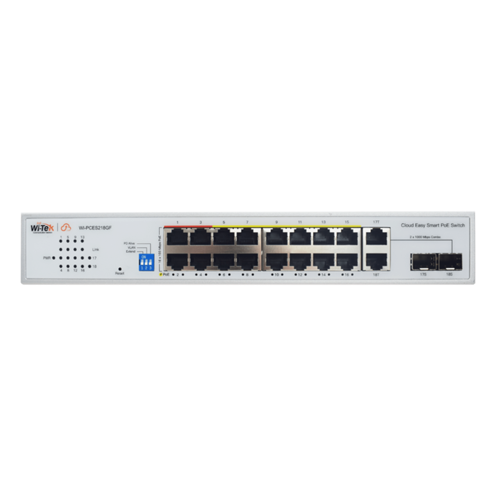 Switch PoE / Administración en la nube / Con 16 puertos 10/100 Mbps PoE af/at (Puertos 1-4: bt 90W) / 2 Puertos Uplink 10/100/1000 Mbps / 1 Puerto