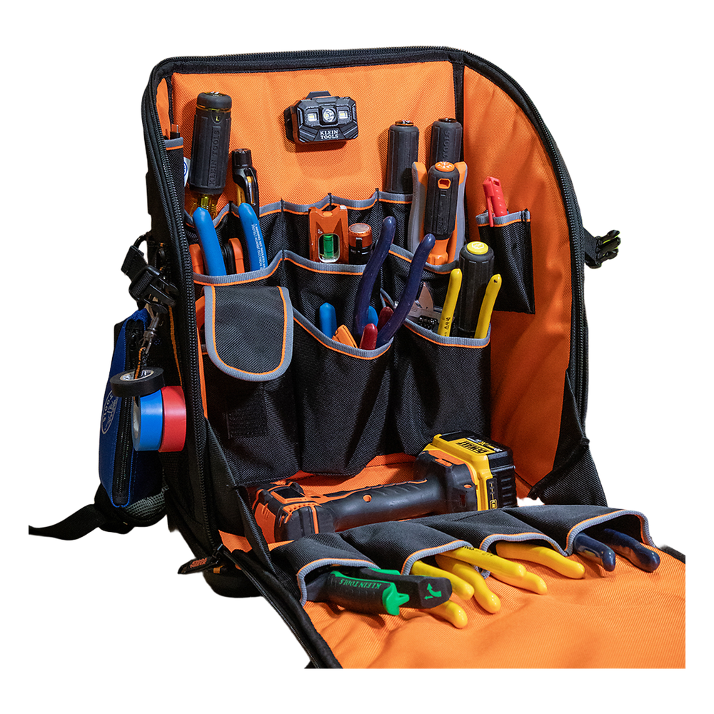 Mochila Profesional para Herramientas / 27 Bolsillos / Acceso Rápido y Estación de Trabajo / Base Moldeada Ancha / Interior Naranja / USB-C / Soporte