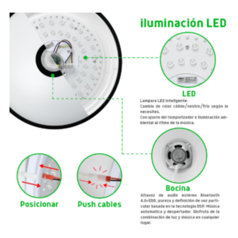 Luminario LED RGB de 30W / 2400 Lúmenes / Bocina con Bluetooth Integrada / Voltaje 85-265V / Temperatura Cálida, Neutra y Fría / App iLink
