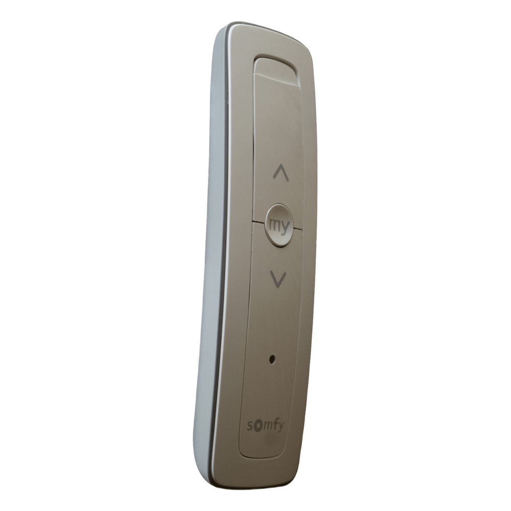 Control remoto 1 canal para motores de persiana Somfy con señal inalámbrica, instrucciones: sube, baja y detener, con posición favorita programada.