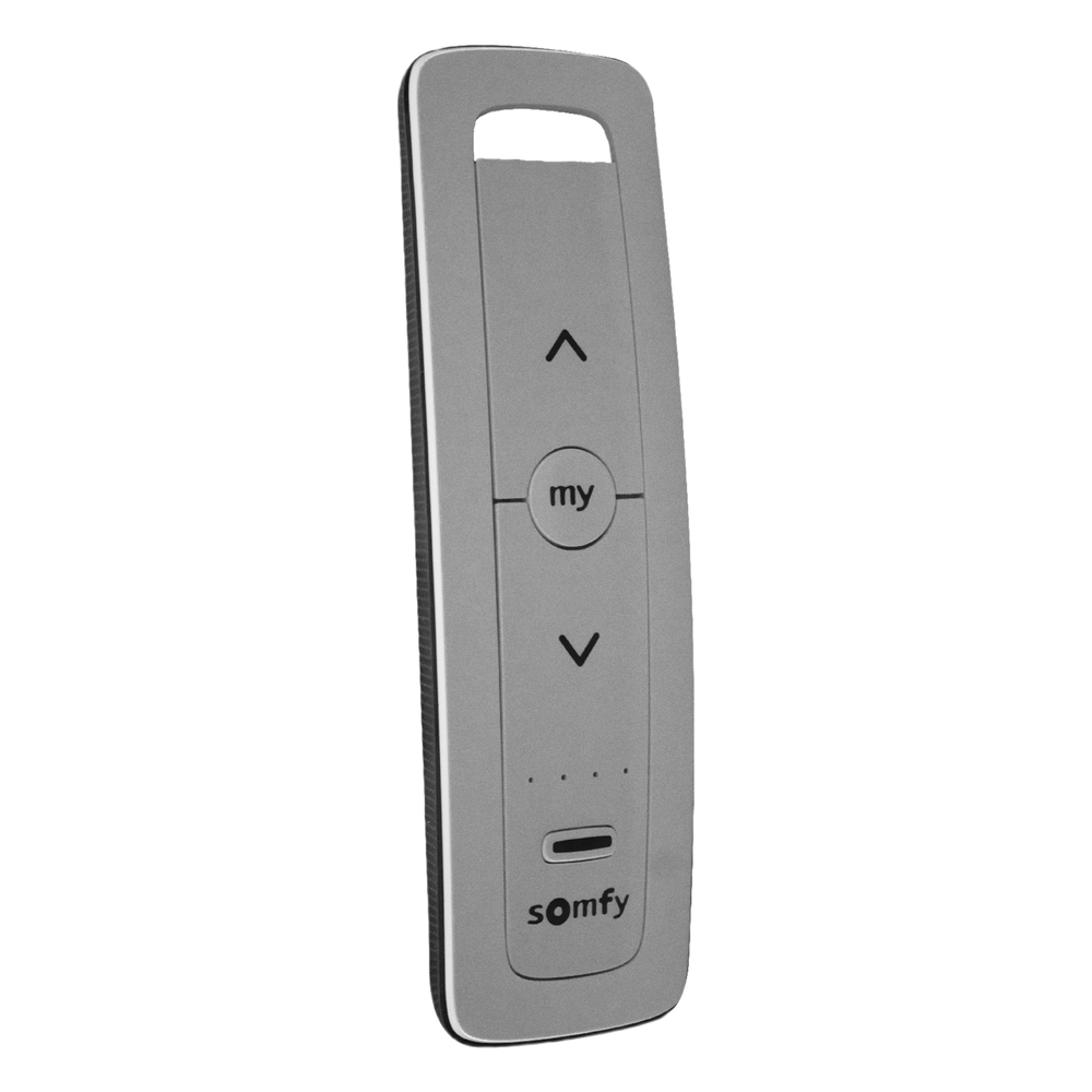 Control remoto 5 canales para motores de persiana Somfy con señal inalámbrica, instrucciones: sube, baja y detener, con posición favorita programada.