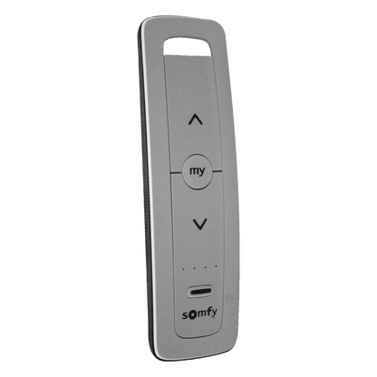 Control remoto 5 canales para motores de persiana Somfy con señal inalámbrica, instrucciones: sube, baja y detener, con posición favorita programada.