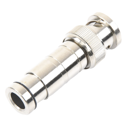 Conector BNC Macho en 75 Ohm, de Compresión Axial para Cable Coaxial RG-59/U, Níquel/ Oro/ Politetrafluoroetileno.