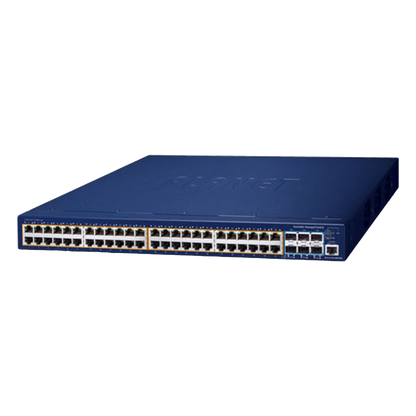 Switch Administrable Stacking Capa 3, 48 Puertos PoE Gigabit 802.3at, 6 Puertos SFP de 10 G, Entrada de Alimentación Redundante de 55 V cc.