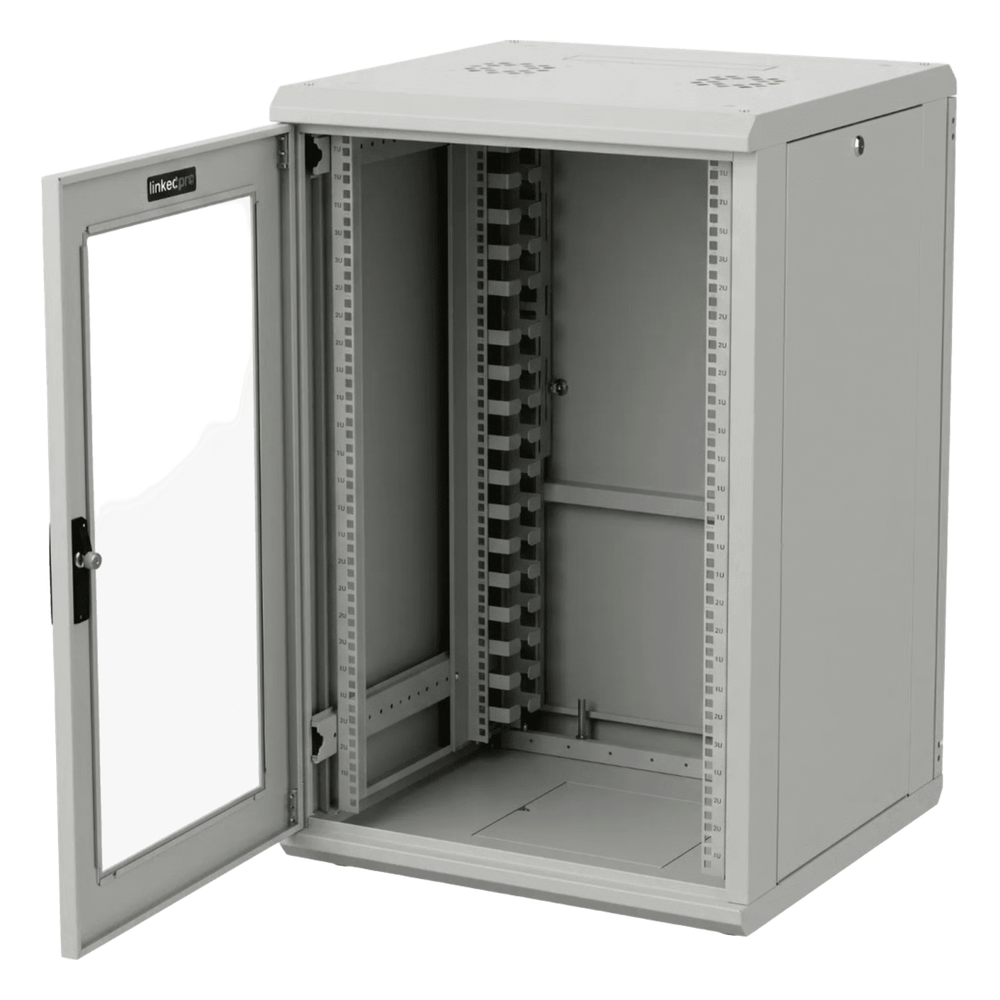 Gabinete Rackeable / 18 Unidades / 19 Pulgadas / Puerta de Cristal / Capacidad de Carga 750 Kg / Dimensiones 600x605x930 mm (23.6x23.8x36.6 in)