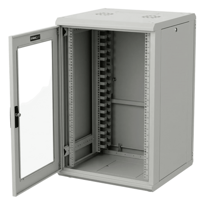 Gabinete Rackeable / 18 Unidades / 19 Pulgadas / Puerta de Cristal / Capacidad de Carga 750 Kg / Dimensiones 600x605x930 mm (23.6x23.8x36.6 in)