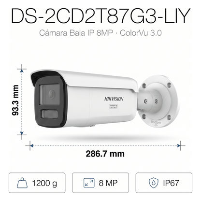 [Dual Light + ColorVu 3.0 + HikAI] Bala IP 8 Megapixel / Lente 4 mm / 60 mts IR + Luz Blanca / Exterior IP67 / WDR 130 dB / ACUSENSE 3.0 / Metal