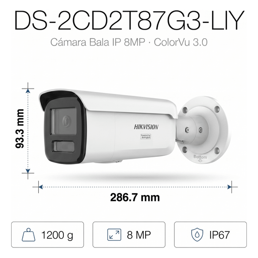 [Dual Light + ColorVu 3.0 + HikAI] Bala IP 8 Megapixel / Lente 4 mm / 60 mts IR + Luz Blanca / Exterior IP67 / WDR 130 dB / ACUSENSE 3.0 / Metal