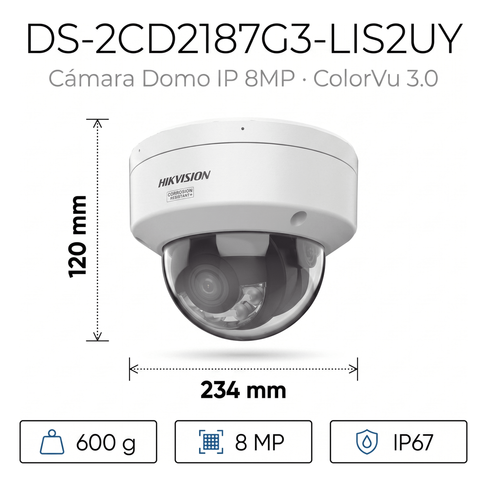 [Dual Light + ColorVu 3.0 + HikAI] Domo IP 8 Megapixel / Lente 2.8 mm / 30 mts IR + Luz Blanca / 2 Microfonos Integrados / Exterior IP67 / WDR 130 dB