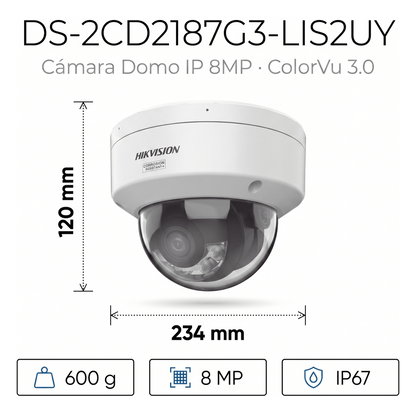 [Dual Light + ColorVu 3.0 + HikAI] Domo IP 8 Megapixel / Lente 2.8 mm / 30 mts IR + Luz Blanca / 2 Microfonos Integrados / Exterior IP67 / WDR 130 dB