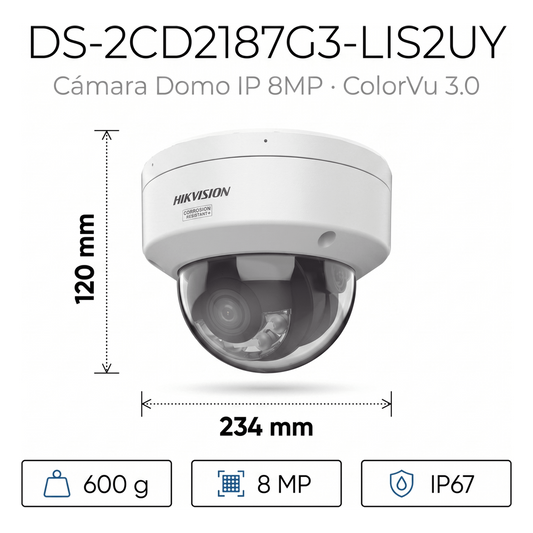 [Dual Light + ColorVu 3.0 + HikAI] Domo IP 8 Megapixel / Lente 2.8 mm / 30 mts IR + Luz Blanca / 2 Microfonos Integrados / Exterior IP67 / WDR 130 dB