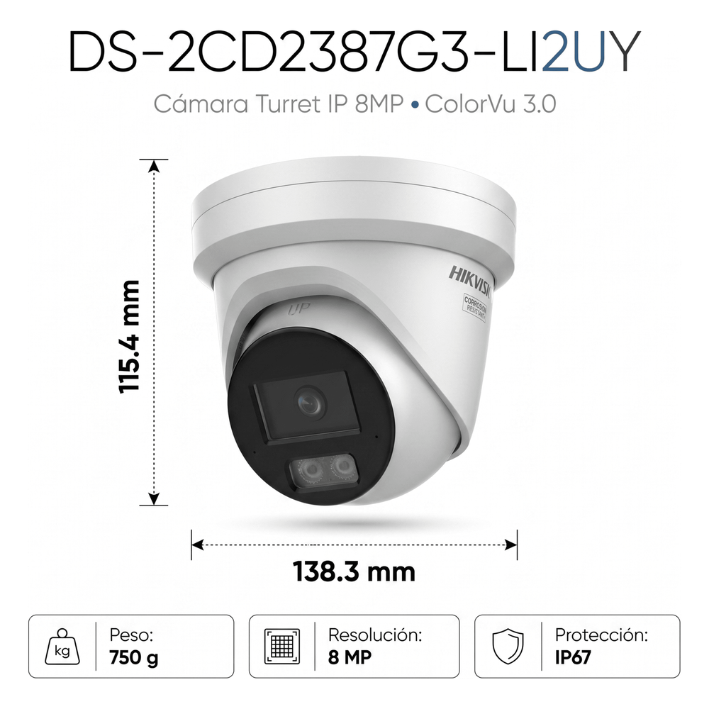 [Dual Light + ColorVu 3.0 + HikAI] Turret IP 8 Megapixel / Lente 2.8 mm / 30 mts IR + Luz Blanca / 2 Microfonos Integrados / Exterior IP67 / WDR 130