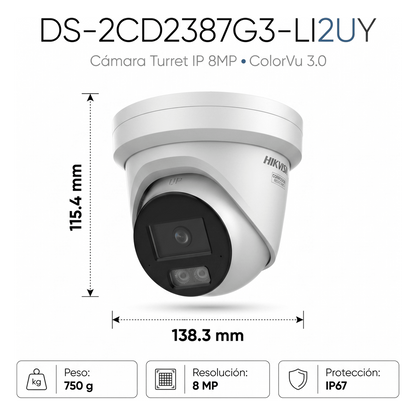 [Dual Light + ColorVu 3.0 + HikAI] Turret IP 8 Megapixel / Lente 2.8 mm / 30 mts IR + Luz Blanca / 2 Microfonos Integrados / Exterior IP67 / WDR 130
