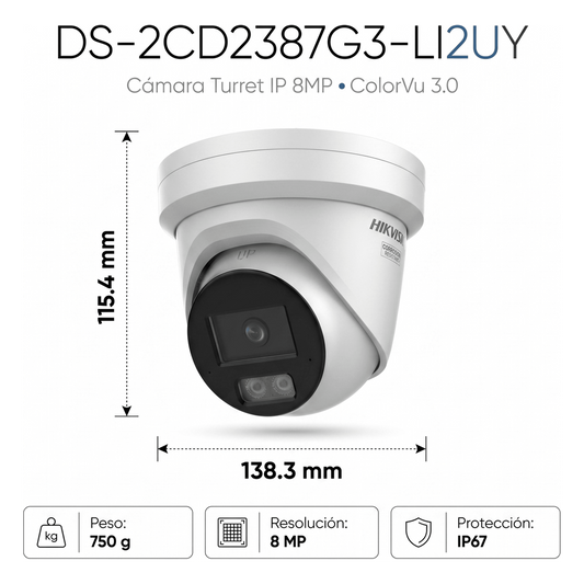 [Dual Light + ColorVu 3.0 + HikAI] Turret IP 8 Megapixel / Lente 2.8 mm / 30 mts IR + Luz Blanca / 2 Microfonos Integrados / Exterior IP67 / WDR 130