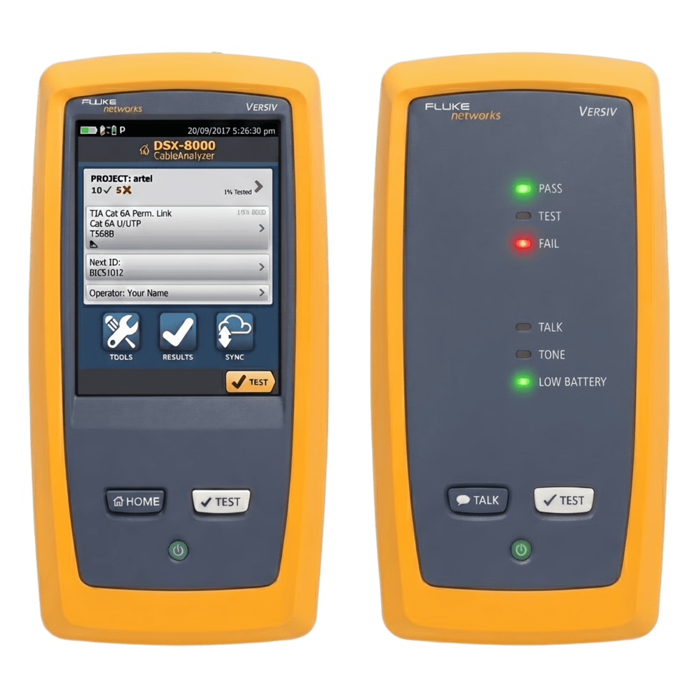 Certificador DSX-8000 para Cable de Cobre Cat5e, Cat6, Cat6A y Cat8, Con Módulos OLTS Quad CertiFiber Pro, Con WiFi Integrado y Pantalla LCD de 5.7