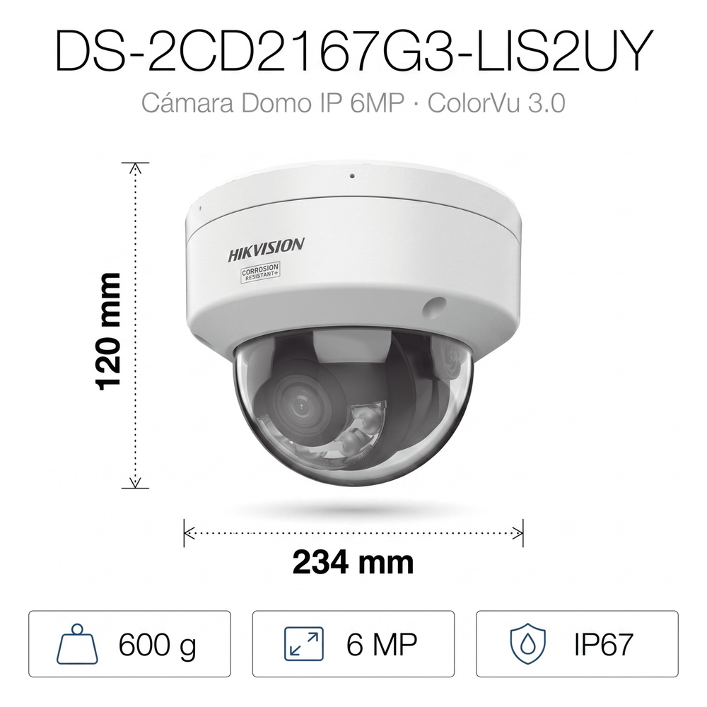 [Dual Light + ColorVu 3.0 + HikAI] Domo IP 6 Megapixel / Lente 2.8 mm / 30 mts IR + Luz Blanca / 2 Microfonos Integrados / Exterior IP67 / WDR 130 dB