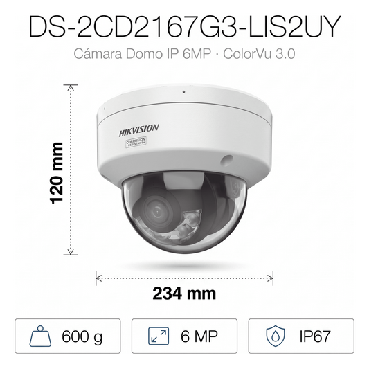 [Dual Light + ColorVu 3.0 + HikAI] Domo IP 6 Megapixel / Lente 2.8 mm / 30 mts IR + Luz Blanca / 2 Microfonos Integrados / Exterior IP67 / WDR 130 dB
