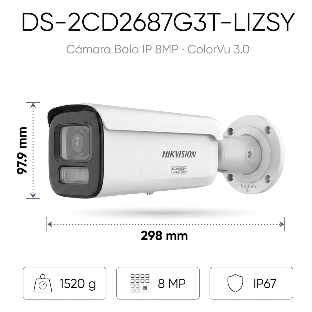[Dual Light + ColorVu 3.0 + HikAI] Bala IP 8 Megapixel / Lente Mot. 2.8 a 12 mm / 60 mts IR + Luz Blanca / Exterior IP67 / WDR 130 dB / ACUSENSE 3.0