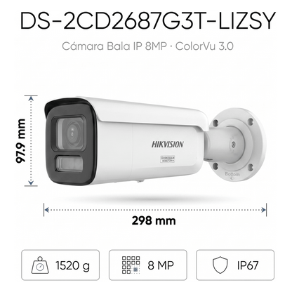 [Dual Light + ColorVu 3.0 + HikAI] Bala IP 8 Megapixel / Lente Mot. 2.8 a 12 mm / 60 mts IR + Luz Blanca / Exterior IP67 / WDR 130 dB / ACUSENSE 3.0