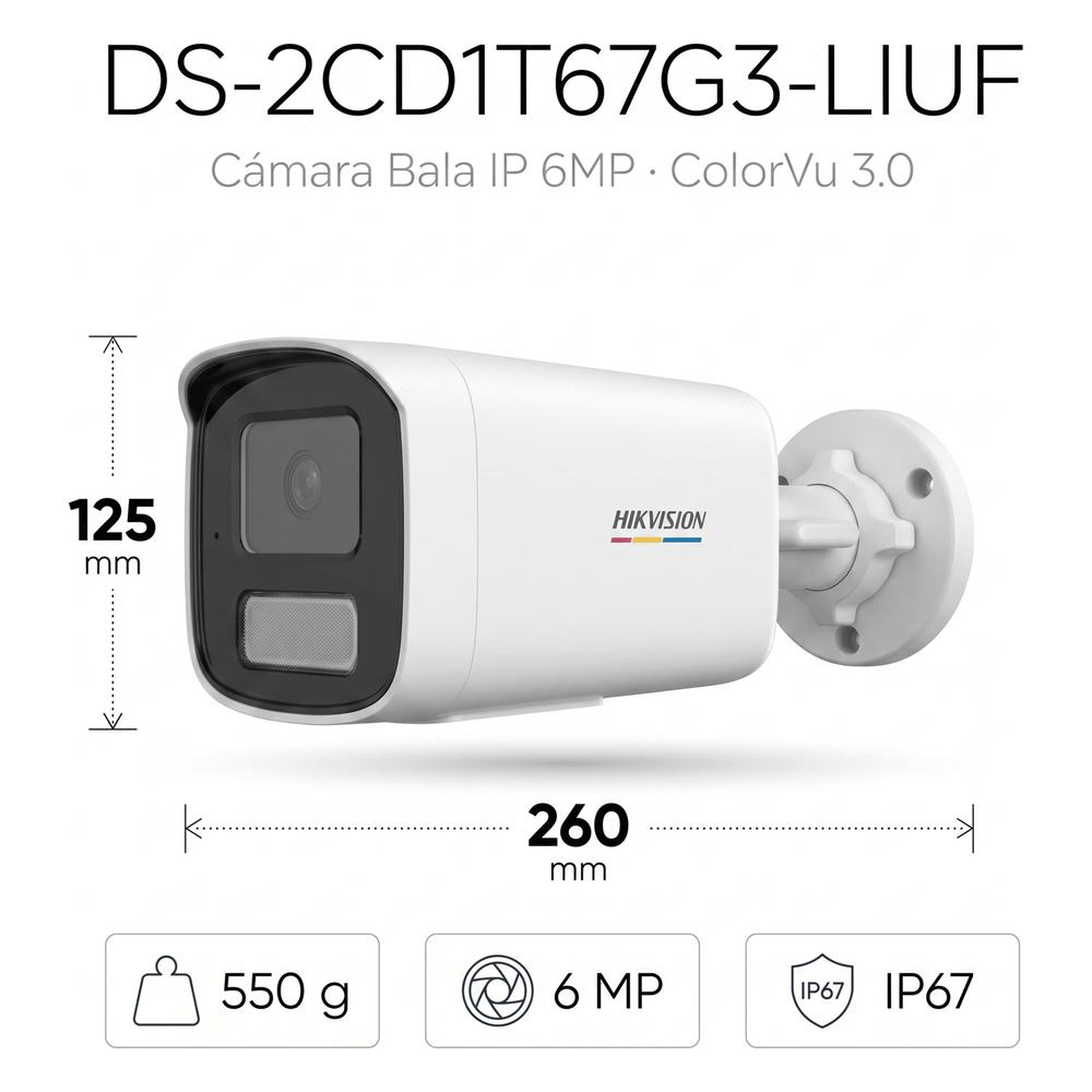 [ColorVu 3.0 + MD 3.0] Bala IP 6 Megapixel / Lente 4 mm / 50 mts IR + 50 mts Luz Blanca / Micrófono Integrado / Motion Detection 3.0 / Exterior IP67