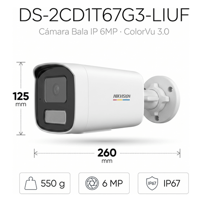 [ColorVu 3.0 + MD 3.0] Bala IP 6 Megapixel / Lente 4 mm / 50 mts IR + 50 mts Luz Blanca / Micrófono Integrado / Motion Detection 3.0 / Exterior IP67