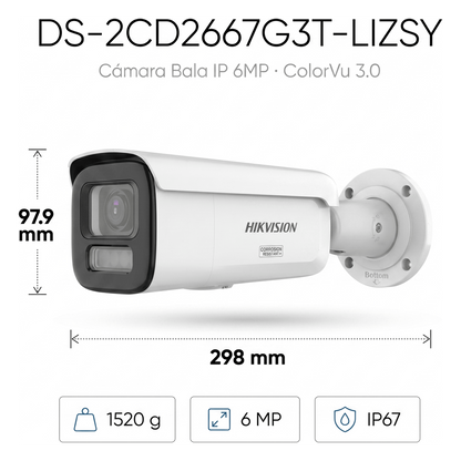 [Dual Light + ColorVu 3.0 + HikAI] Bala IP 6 Megapixel / Lente Mot. 2.8 a 12 mm / 60 mts IR + Luz Blanca / Exterior IP67 / WDR 130 dB / ACUSENSE 3.0