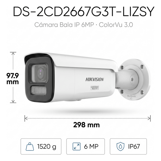 [Dual Light + ColorVu 3.0 + HikAI] Bala IP 6 Megapixel / Lente Mot. 2.8 a 12 mm / 60 mts IR + Luz Blanca / Exterior IP67 / WDR 130 dB / ACUSENSE 3.0