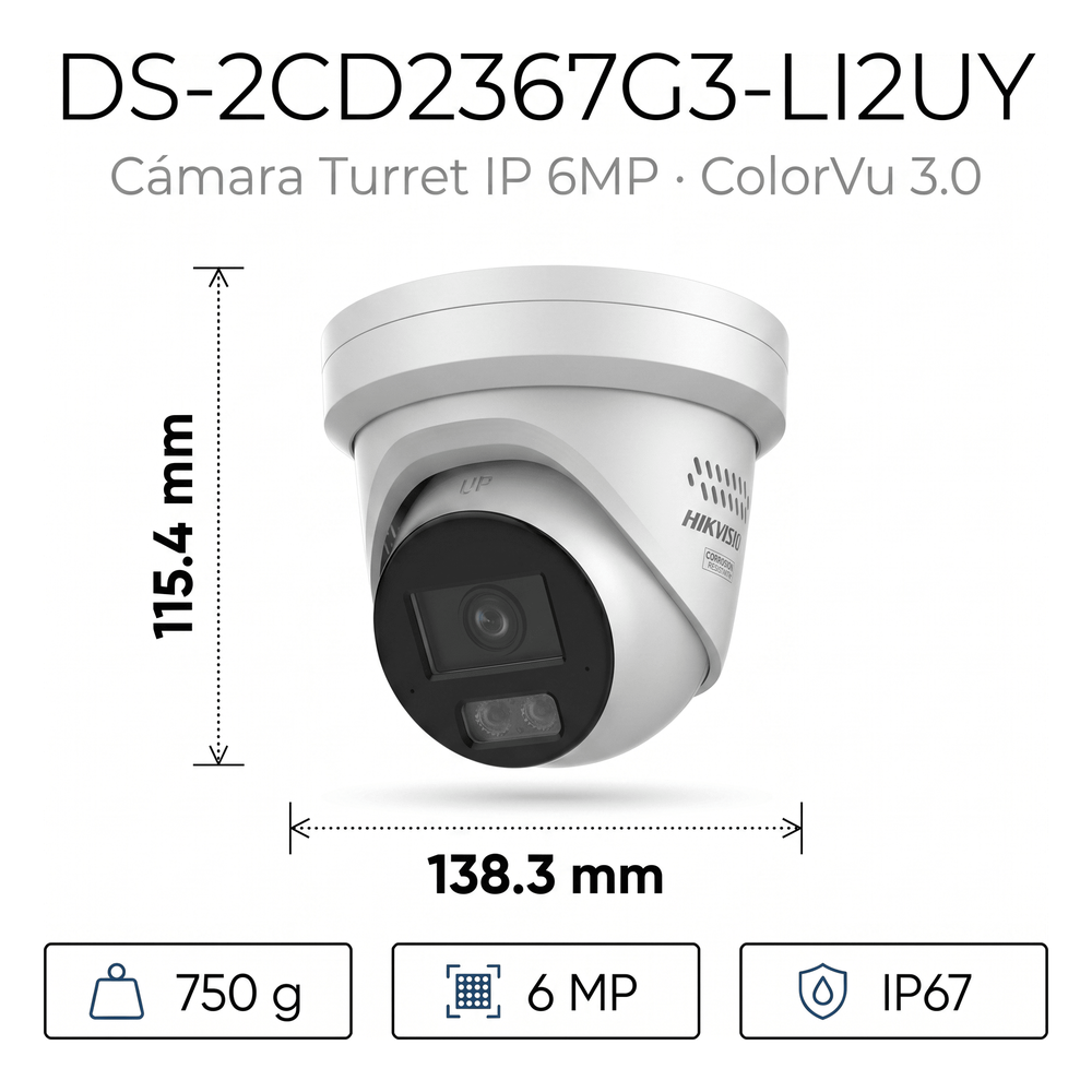 [Dual Light + ColorVu 3.0 + HikAI] Turret IP 6 Megapixel / Lente 2.8 mm / 30 mts IR + Luz Blanca / 2 Microfonos Integrados / Exterior IP67 / WDR 130