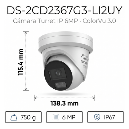 [Dual Light + ColorVu 3.0 + HikAI] Turret IP 6 Megapixel / Lente 2.8 mm / 30 mts IR + Luz Blanca / 2 Microfonos Integrados / Exterior IP67 / WDR 130