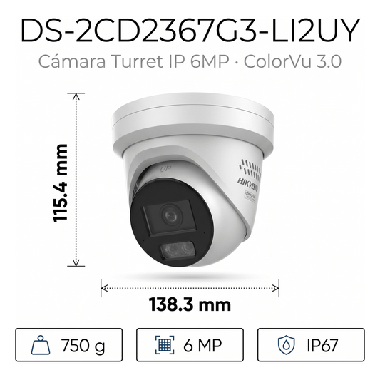 [Dual Light + ColorVu 3.0 + HikAI] Turret IP 6 Megapixel / Lente 2.8 mm / 30 mts IR + Luz Blanca / 2 Microfonos Integrados / Exterior IP67 / WDR 130