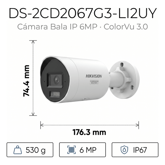 [Dual Light + ColorVu 3.0 + HikAI] Bala IP 6 Megapixel / Lente 2.8 mm / 40 mts IR + 40 Mts Luz Blanca / 2 Microfonos Integrados / Exterior IP67 / WDR