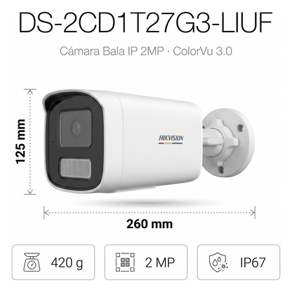 [ColorVu 3.0 + MD 3.0] Bala IP 2 Megapixel / Lente 4 mm / 50 mts IR + 50 mts Luz Blanca / Micrófono Integrado / Motion Detection 3.0 / Exterior IP67