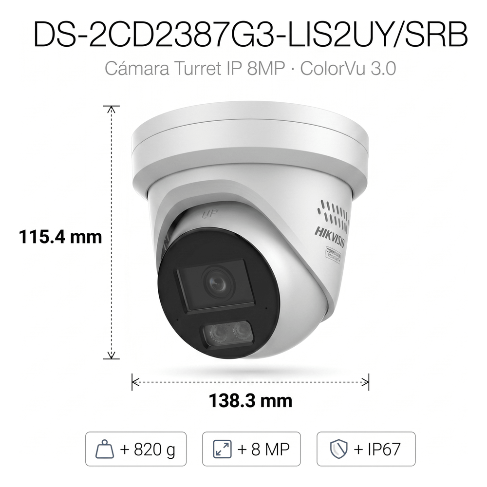 [Dual Light + ColorVu 3.0 + HikAI] Turret IP 8 Megapixel / Lente 2.8 mm / 30 mts IR + Luz Blanca / 2 Microfonos Integrados / Exterior IP67 / Estrobo
