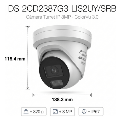 [Dual Light + ColorVu 3.0 + HikAI] Turret IP 8 Megapixel / Lente 2.8 mm / 30 mts IR + Luz Blanca / 2 Microfonos Integrados / Exterior IP67 / Estrobo