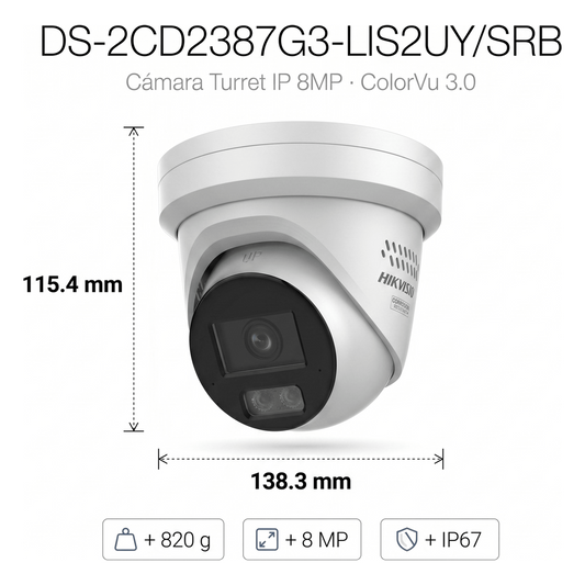 [Dual Light + ColorVu 3.0 + HikAI] Turret IP 8 Megapixel / Lente 2.8 mm / 30 mts IR + Luz Blanca / 2 Microfonos Integrados / Exterior IP67 / Estrobo