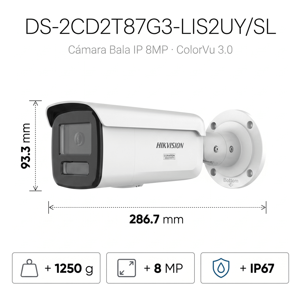 [Dual Light + ColorVu 3.0 + HikAI] Bala IP 8 Megapixel / Lente 4 mm / 60 mts IR + Luz Blanca / Exterior IP67 / Estrobo Luz Blanca / WDR 130 dB