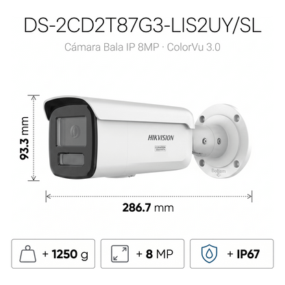 [Dual Light + ColorVu 3.0 + HikAI] Bala IP 8 Megapixel / Lente 4 mm / 60 mts IR + Luz Blanca / Exterior IP67 / Estrobo Luz Blanca / WDR 130 dB