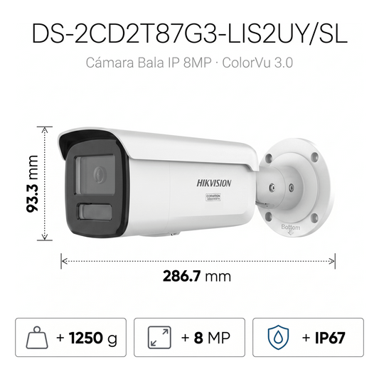 [Dual Light + ColorVu 3.0 + HikAI] Bala IP 8 Megapixel / Lente 4 mm / 60 mts IR + Luz Blanca / Exterior IP67 / Estrobo Luz Blanca / WDR 130 dB